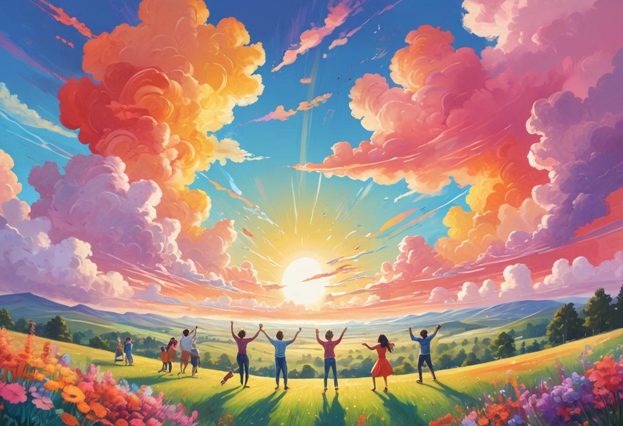 A whimsical illustration of a vibrant landscape filled with colorful adjectives like 'joyful', 'radiant', 'cheerful', and 'uplifted' written in playful typography. In the foreground, a group of diverse people engaged in uplifting activities such as painting, dancing, and laughing, set against a bright and sunny sky with fluffy clouds. Soft pastel colors to convey a positive ambiance. vector art. vibrant colors.