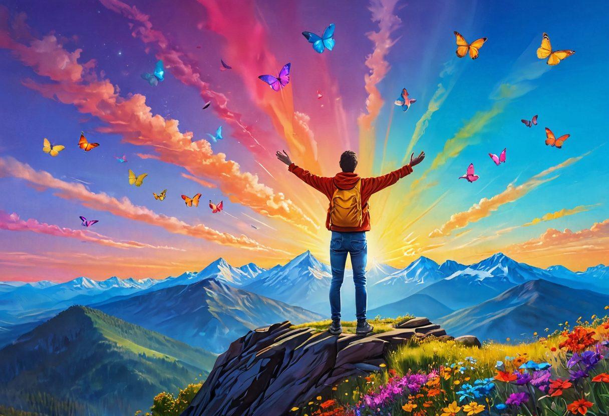 A vibrant depiction of a person standing on a mountaintop with their arms raised in celebration, surrounded by colorful floating adjectives like 'joyful', 'brilliant', 'cheerful' in a radiant sky. Incorporate elements that symbolize positivity such as sunshine, butterflies, and blooming flowers. The overall mood should feel uplifting and energizing. bright colors. super-realistic.