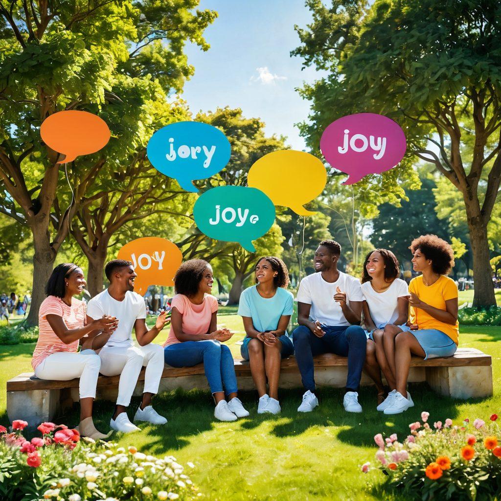 A vibrant scene depicting a diverse group of people sitting in a sunlit park, each joyfully exchanging positive words with one another. Surrounding them are floating colorful speech bubbles filled with uplifting words like 'joy', 'love', 'hope', and 'smile'. The background features lush greenery and bright flowers, creating a warm and inviting atmosphere. This composition conveys the power of positivity in sparking happiness and connection among individuals. super-realistic. vibrant colors. 3D.